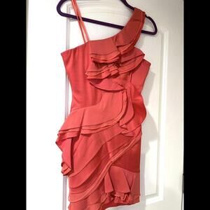 BCBG MaxAzria Party Dress Prom Sz 6 Coral Formal Jonesy One Shoulder Ruffles